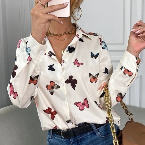 Bohemian Butterfly Print Button Up Top S M L XL - Picture 3 of 6